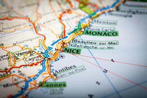 Cote d'azur on a road map Stock Photos