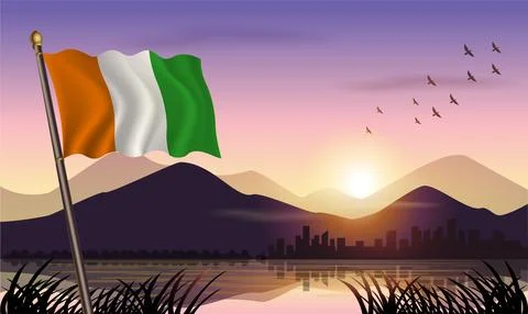 Cote D'Ivoire flag flying against a beautiful sunrise sky Stock Illustration