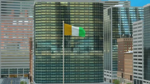 Cote d'lvoire Flag 3D Render Animation on Pole with Modern Business District Stock-Footage 332882283