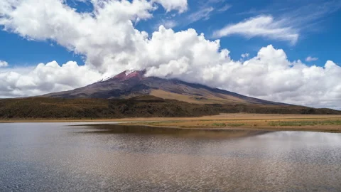 Cotopaxi Volcano, Ecuador, reflected in a lake. Time-lapse Stock Footage 139430360