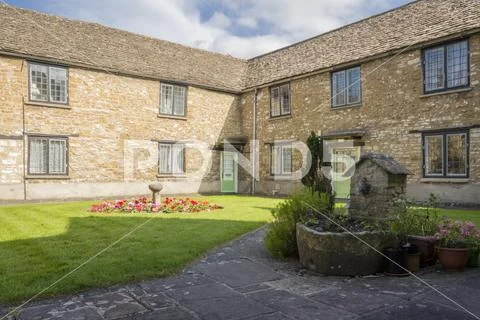 Cotswold Almshouse and Garden Panorama Stock Photos