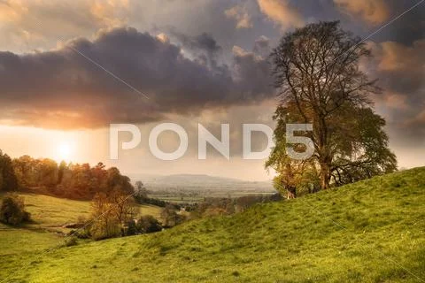Cotswold landscape at sunset Stock Photos
