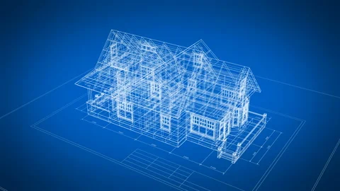 Cottage 3d Blueprint Rotating on Engineering Plan Seamless on Black and Blue Stock Footage 112081561