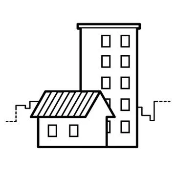 Cottage and high-rise building line icon Stock Illustration
