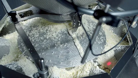 Cottage cheese curds are distributed on conveyor belt for further packaging Vídeo Stock 231442647