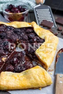 Cottage Cheese Dough Galette With Cherries And Chocolate, Vertical