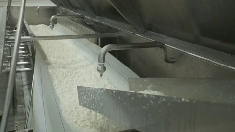 Cottage cheese falling off the platform and being distributed on a conveyor belt Vídeo Stock 154482397