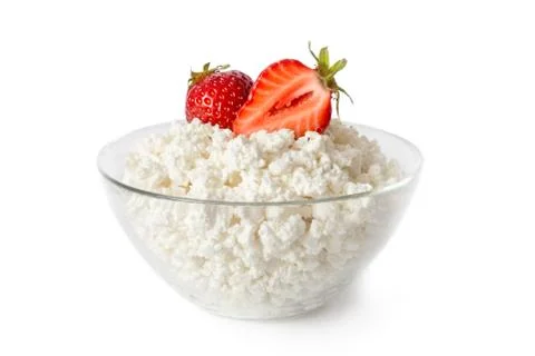 Cottage cheese in a glass bowl Stock Photos