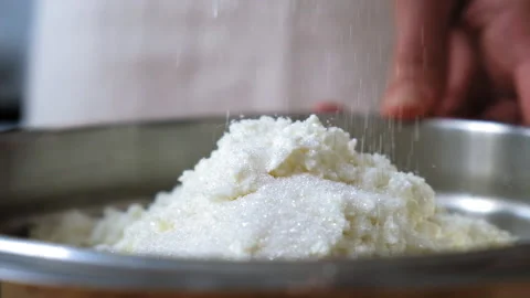 Cottage cheese is mixed with sugar Video stock 196129664