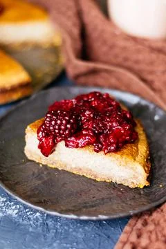 Cottage cheese pie with raspberry jam Stock Photos
