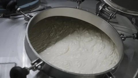 Cottage cheese processing in stainless steel tank at dairy factory Stock Footage 334937272