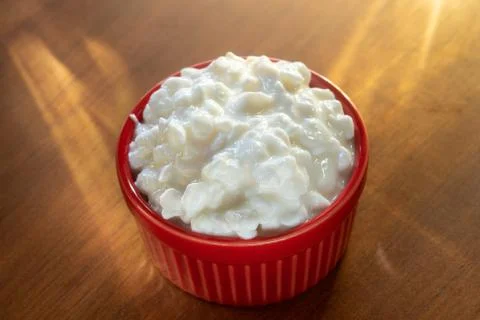 Cottage Cheese in Red Ramekin Stock Photos