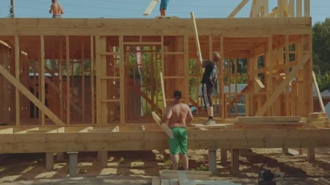 Cottage construction, builders, construction workers' work processes Stock Footage 339506323