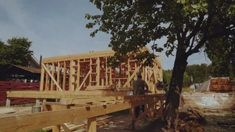 Cottage construction, builders, construction workers' work processes Stock Footage 339506438
