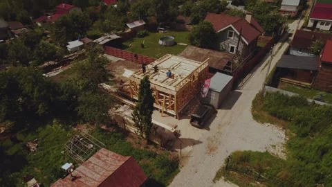 Cottage construction, builders, construction workers' work processes Stock Footage 339506485