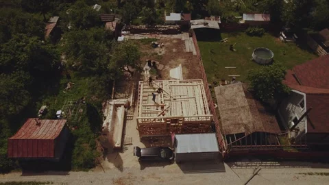 Cottage construction, builders, construction workers' work processes Stock Footage 339506498
