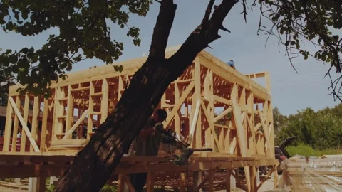 Cottage construction, builders, construction workers' work processes Stock Footage 339506531