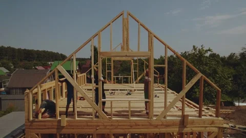 Cottage construction, builders, construction workers' work processes Stock Footage 339506578