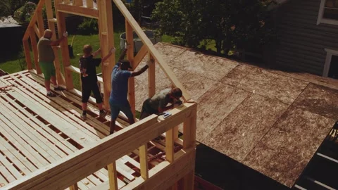 Cottage construction, builders, construction workers' work processes Stock Footage 339506585