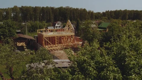 Cottage construction, builders, construction workers' work processes Stock Footage 339506599