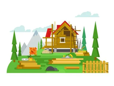 Cottage construction flat design 스톡 일러스트