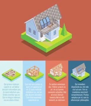 Cottage construction vector flat isometric poster, banner Stock Illustration