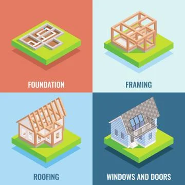Cottage construction vector flat isometric poster, banner set Stock Illustration