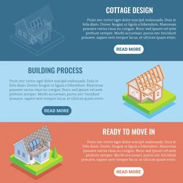 Cottage construction vector flat isometric horizontal banner set Stock Illustration