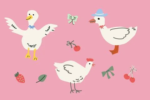 Cottage decor elements with farm animals, bows, and fruits on pink background 库存插图