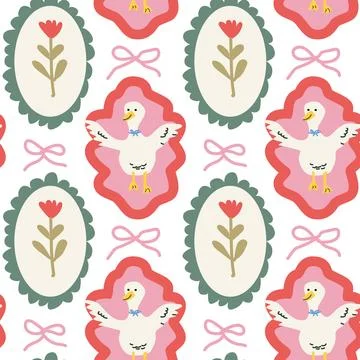 Cottage decor pattern with floral and duck motif for interior design Stock Illustration