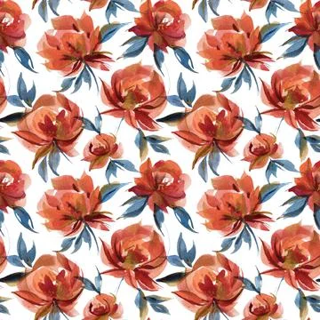 Cottage ditsy seamless pattern with blue and orange folk roses Stockillustratie