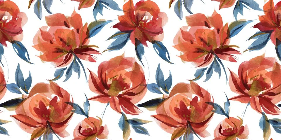 Cottage ditsy seamless pattern with blue and orange folk roses Stock Illustration