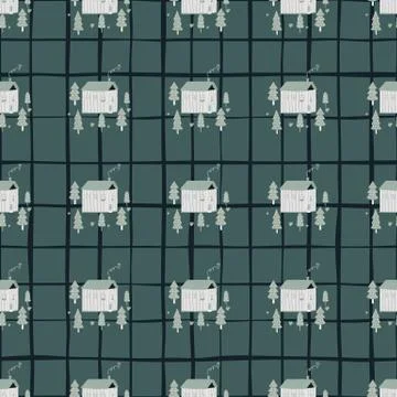Cottage in forest doodle seamless pattern. Dark green background with check a Stock Illustration