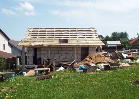 Cottage frame. Start of house construction. Construction site. Stock Photos
