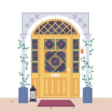 Cottage house facade front view from street, home building exterior, door with Ilustración de archivo