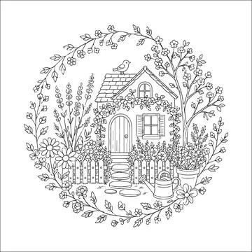 Cottage House Hand Embroidery Pattern, Cozy Cottagecore Floral Embroidery, .. Stock Illustration