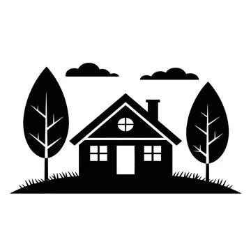 Cottage house with trees and clouds isolated on transparent background Stock Illustration