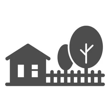 Cottage house with trees solid icon, Summer concept, Rural landscape sign on Stock Illustration