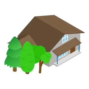 Cottage icon isometric vector. Modern two storey building and green tree icon Ilustración de archivo