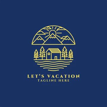 Cottage line art logo vector illustration design , riverside line art, cabin  Stock Illustration