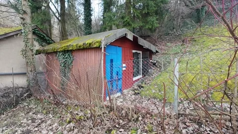 Cottage on a Mountain Slope at the Edge of a Small German Town with Moss-Covered Stock Footage 302837575