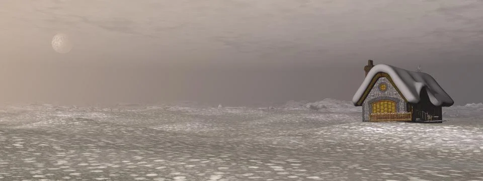 Cottage in winter - 3D render Stock Illustration