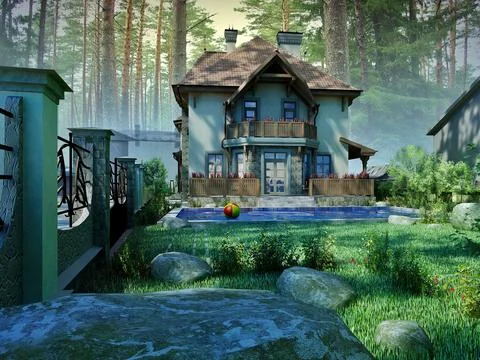 Cottage in the woods with a loft and pool 3D Model