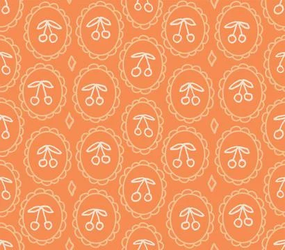 Cottagecore cherry cameo seamless pattern with hand drawn fruit in scalloped Stock Illustration