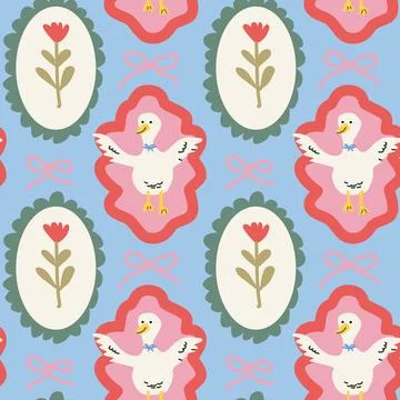 Cottagecore duck and floral pattern design for decor Stock Illustration