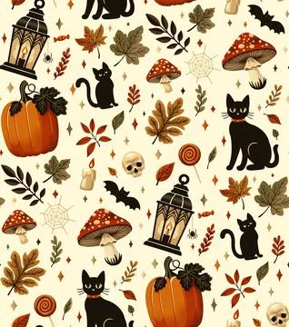 Cottagecore Halloween seamless pattern in warm colors Stock Illustration