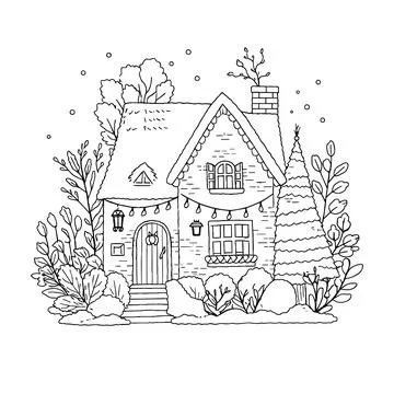 Cottagecore House Embroidery Pattern 16, Cozy Winter Cottage Hand Embroidery for Stock Illustration