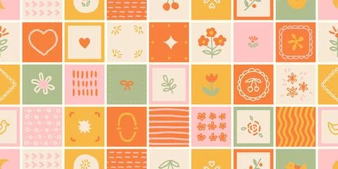 Cottagecore patchwork tiles, hand drawn quilt inspired squares with flowers イラスト素材