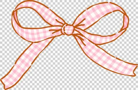 Cottagecore Pink Gingham Ribbon Bow Whimsical Hand Drawn Doodle Stock Illustration