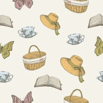 Cottagecore style items seamless vector pattern. Hand Drawn Colorful Vector Stock Illustration